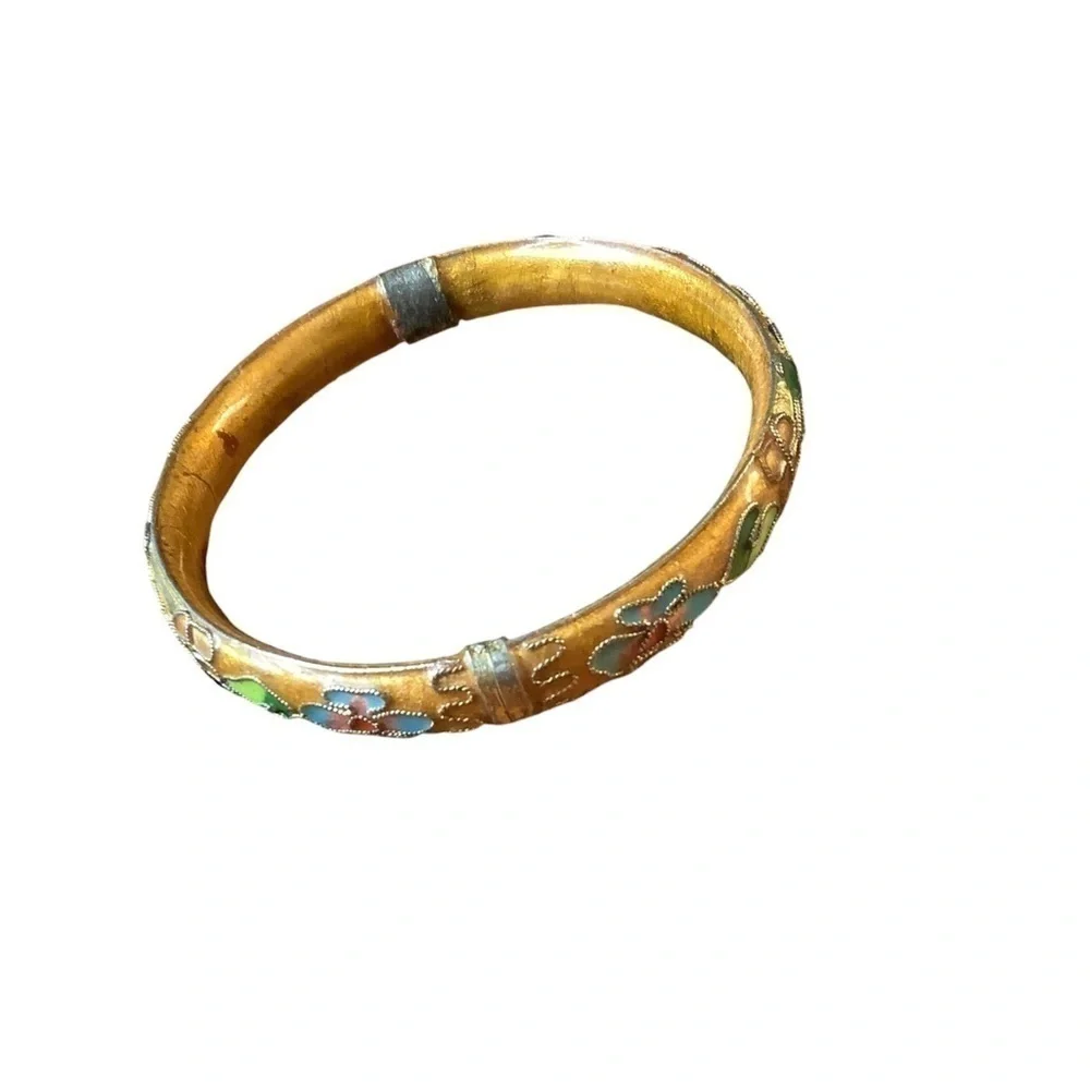 Vintage Cloisonné Hinged Bangle Raised Gold Gilt Enamel Flower
